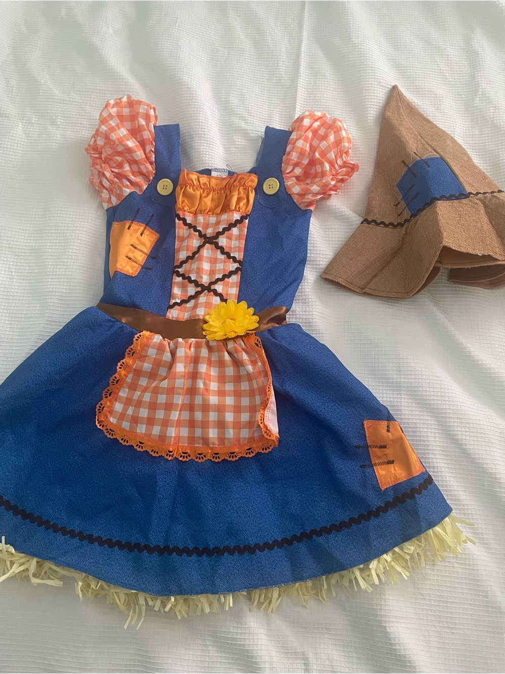 Blue and Orange Girls' Scarecrow Dress Costume with Hat